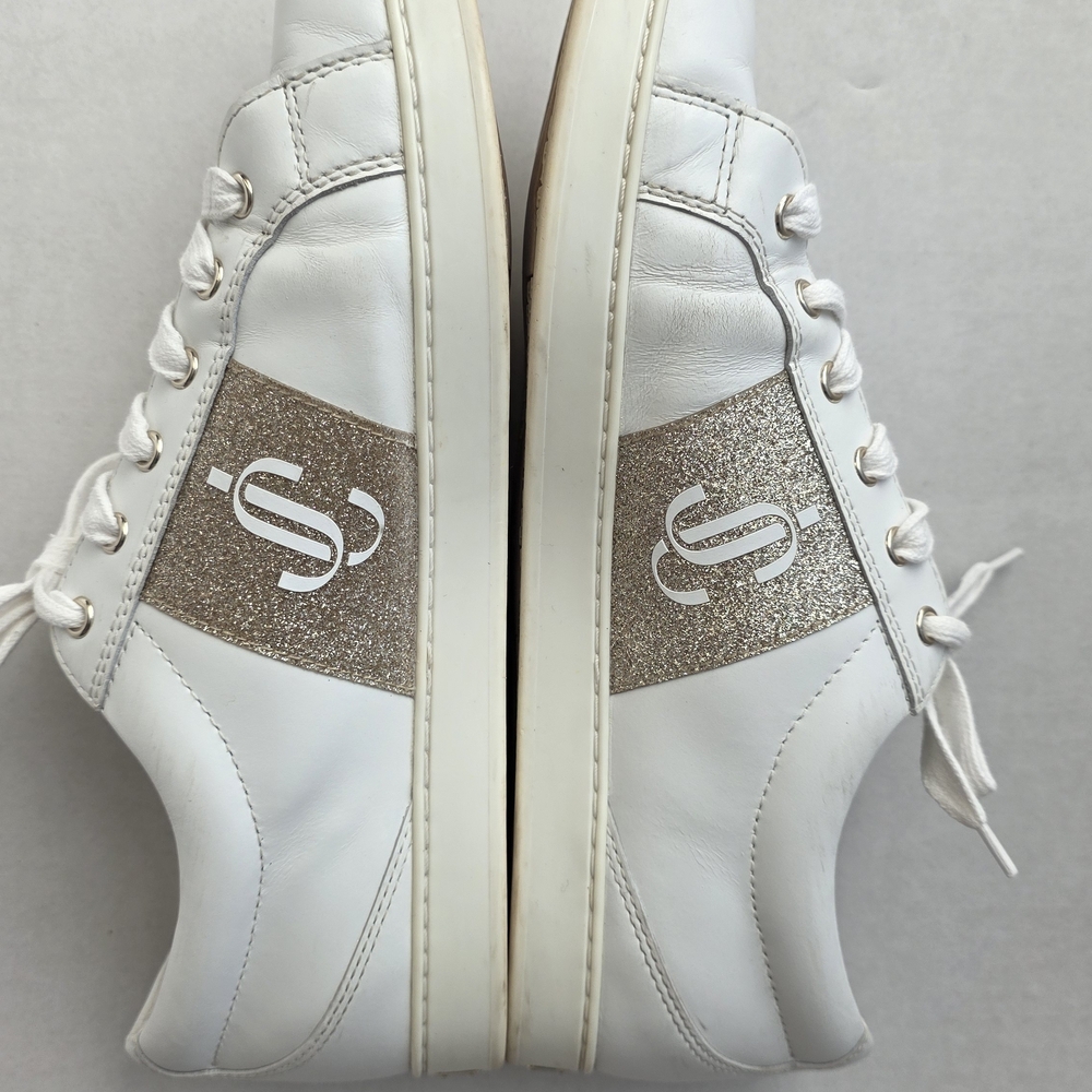 Jimmy Choo Cash White and Gold Women's Sneakers - Picture 7 of 12